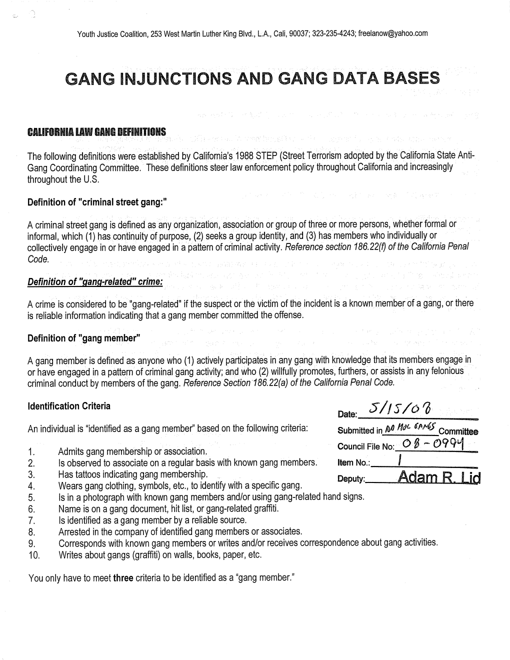 Gang Injunctions and Gang Data Bases