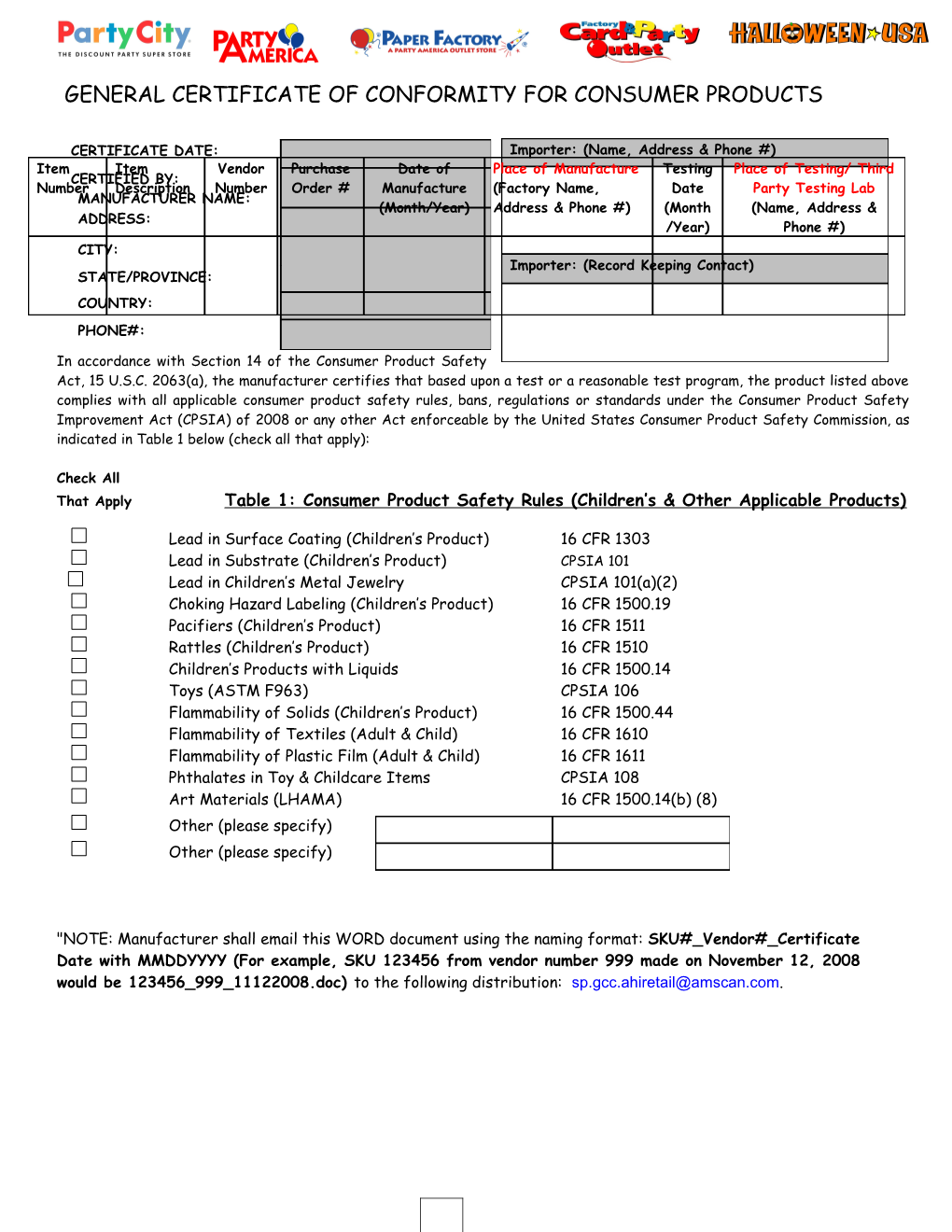 General Certificate of Conformity for Children S Products