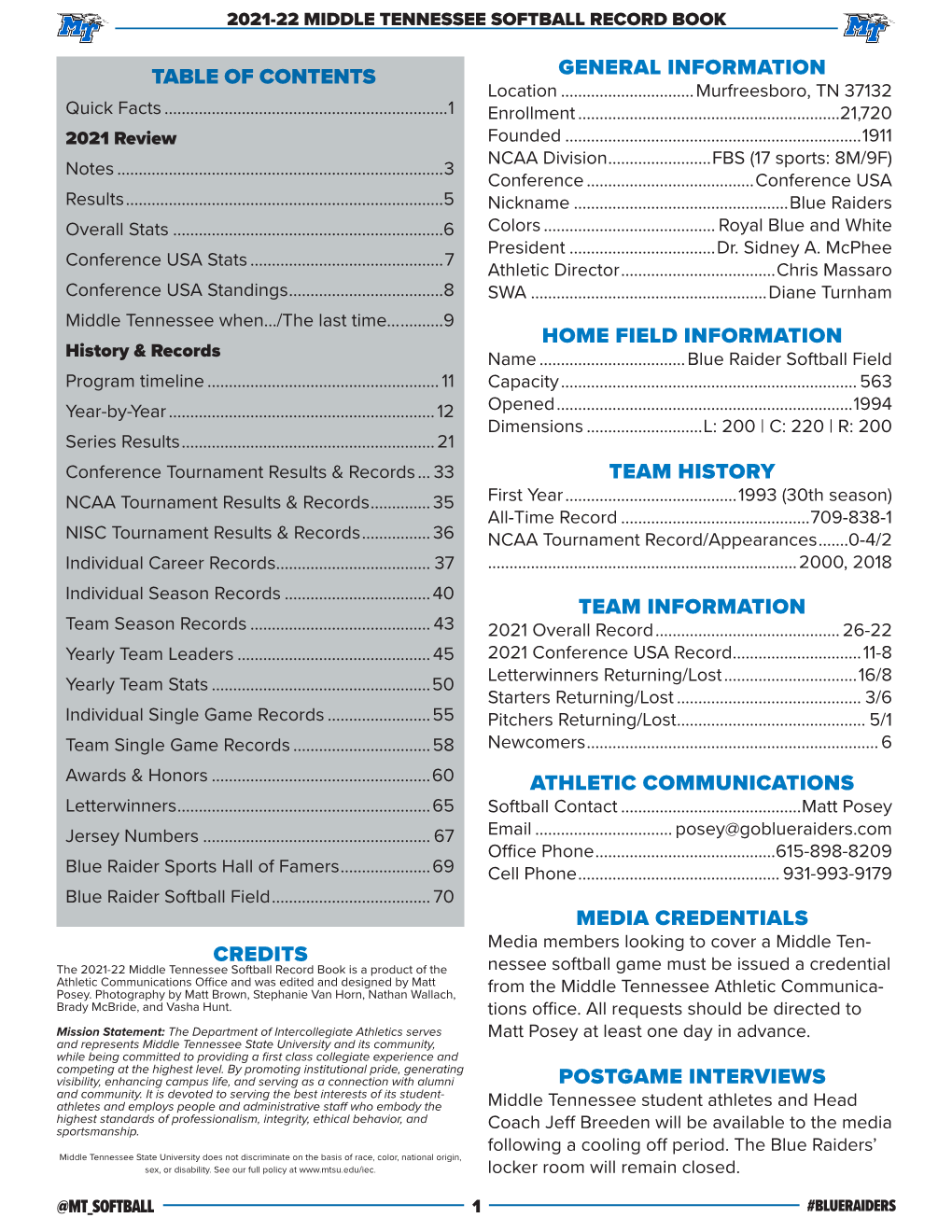 Table of Contents General Information Home Field