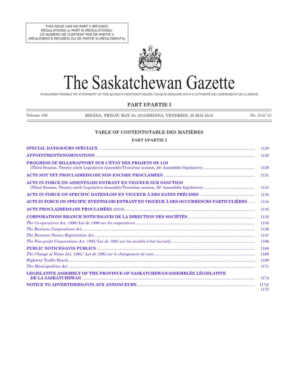 Sask Gazette, Part I, May 28, 2010