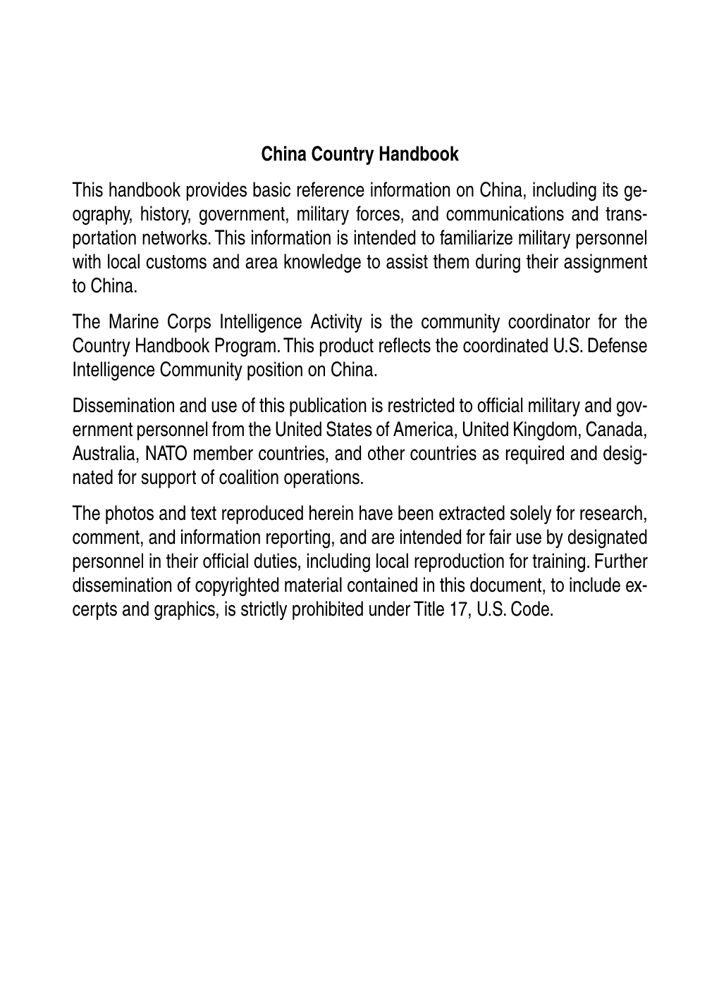 China Country Handbook This Handbook Provides Basic Reference