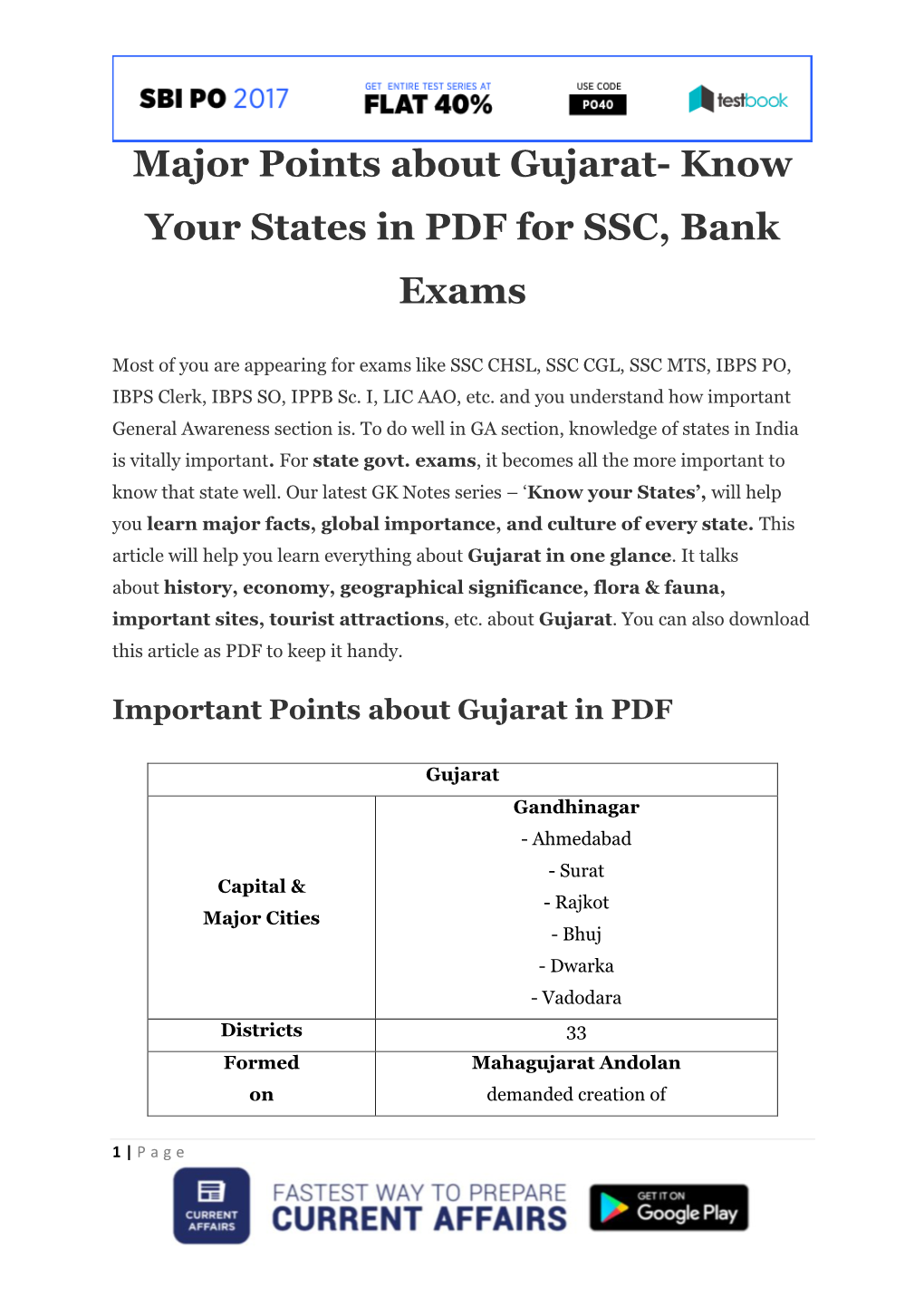 Major Points About Gujarat- Know Your States in PDF for SSC, Bank Exams