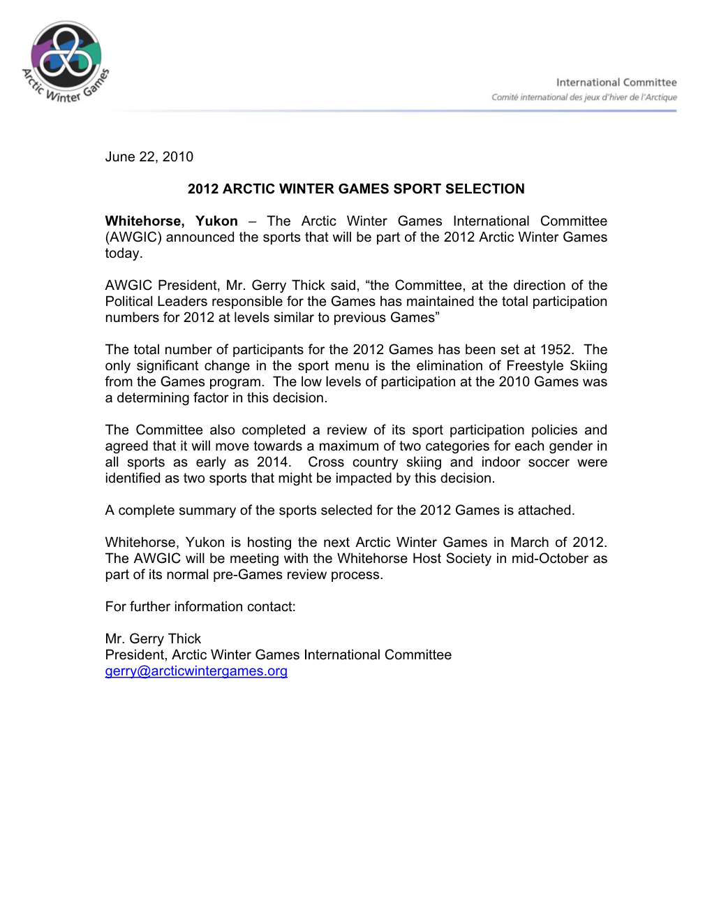 Sports Selected for the 2012 Arctic Winter Games