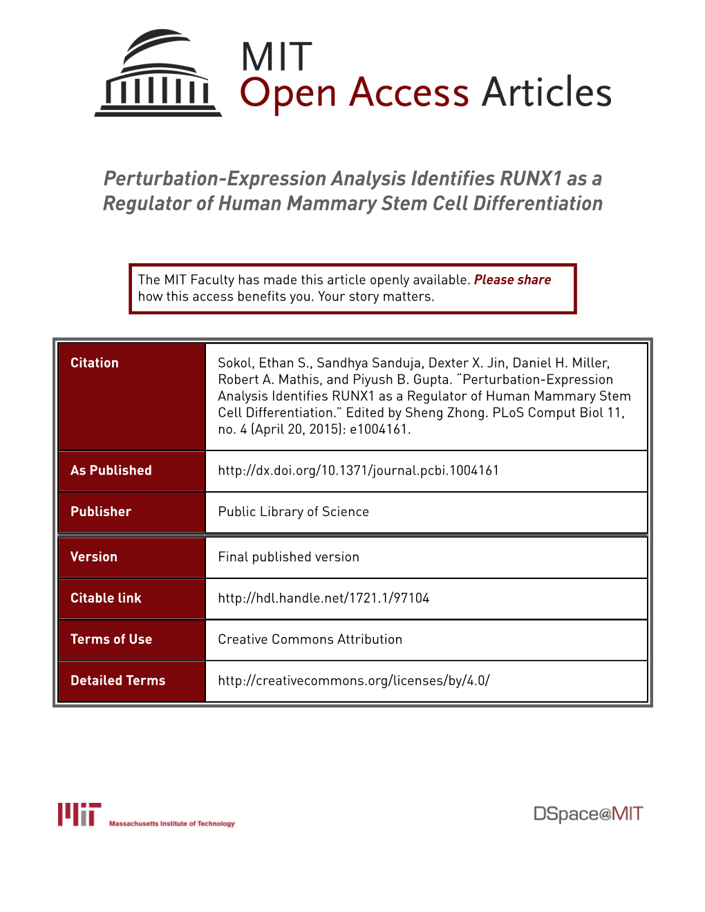 Perturbation-Expression Analysis Identifies RUNX1 As a Regulator of Human Mammary Stem Cell Differentiation