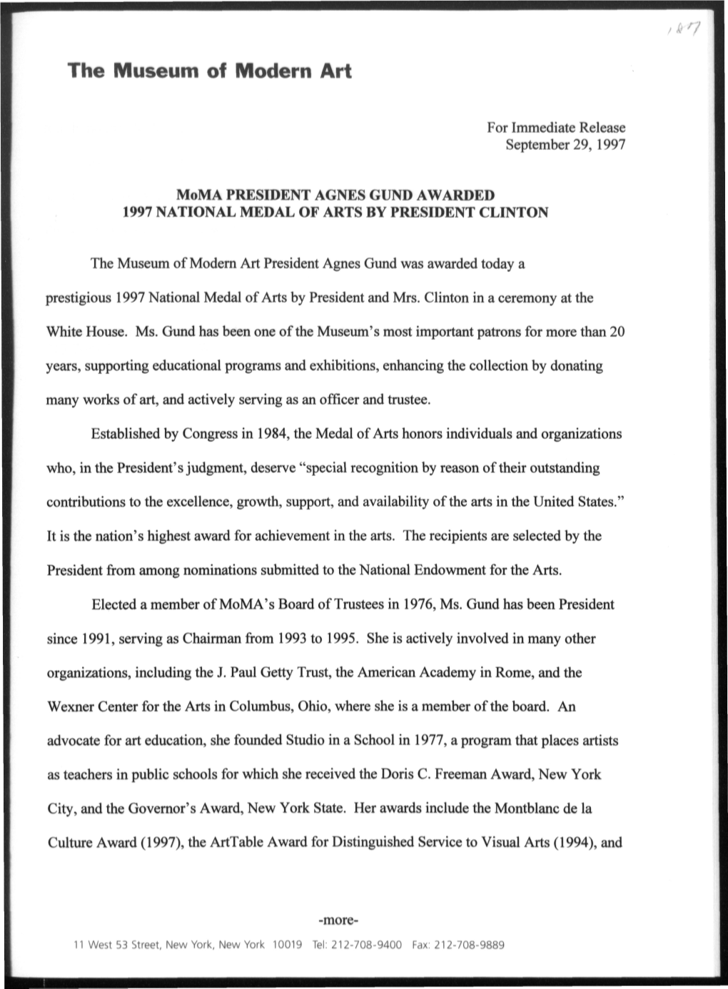 Moma PRESIDENT AGNES GUND AWARDED 1997 NATIONAL MEDAL of ARTS by PRESIDENT CLINTON