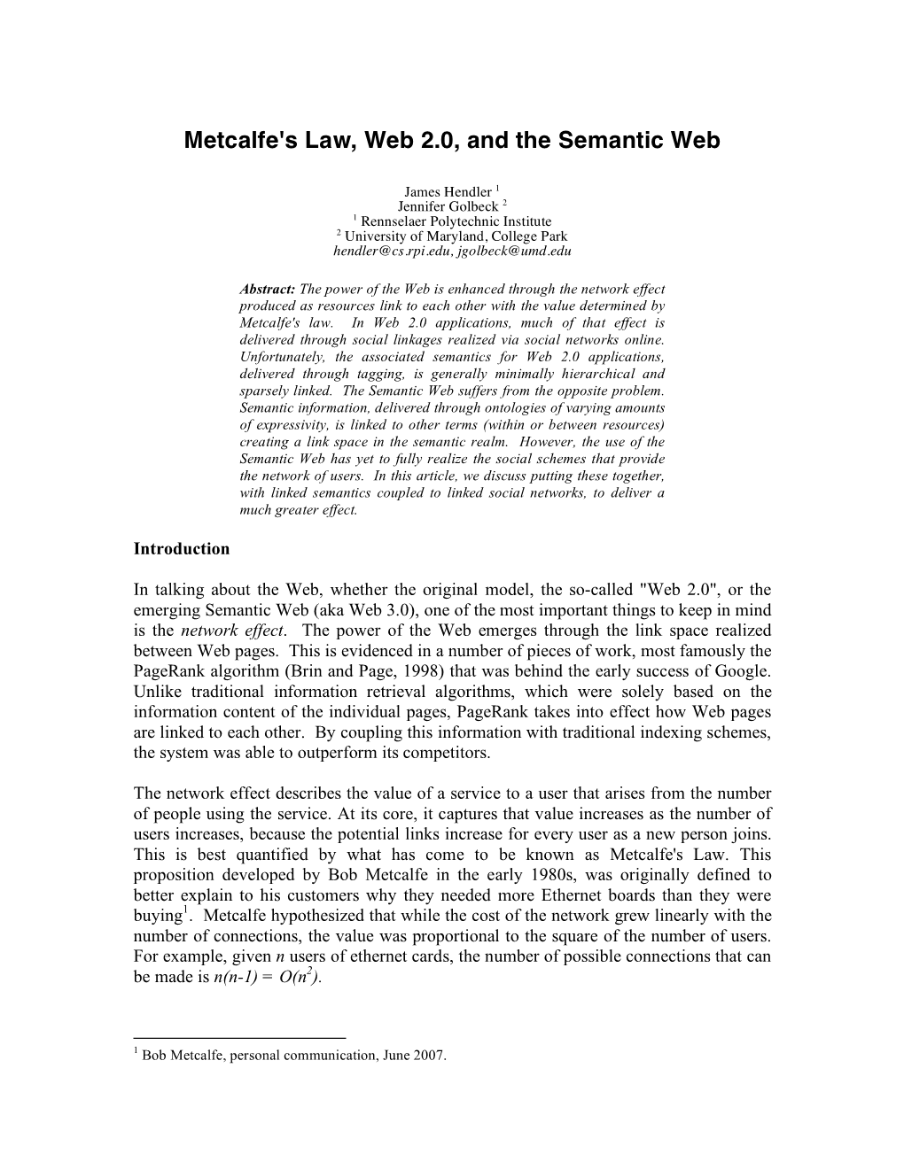 Metcalfe's Law, Web 2.0, and the Semantic Web