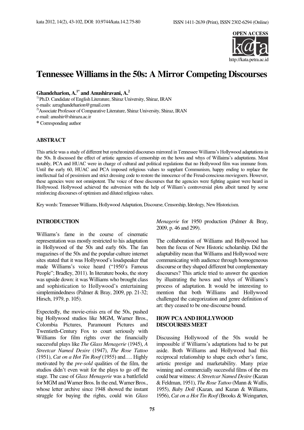 Tennessee Williams in the 50S: a Mirror Competing Discourses