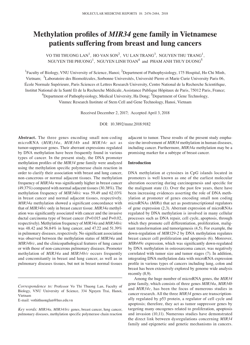 Methylation Profiles of MIR34 Gene Family in Vietnamese Patients Suffering from Breast and Lung Cancers