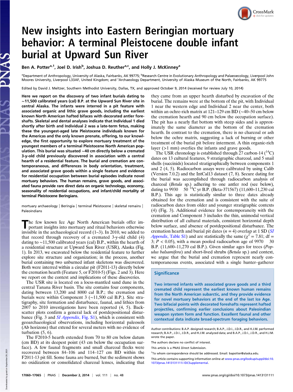 New Insights Into Eastern Beringian Mortuary Behavior: a Terminal Pleistocene Double Infant Burial at Upward Sun River
