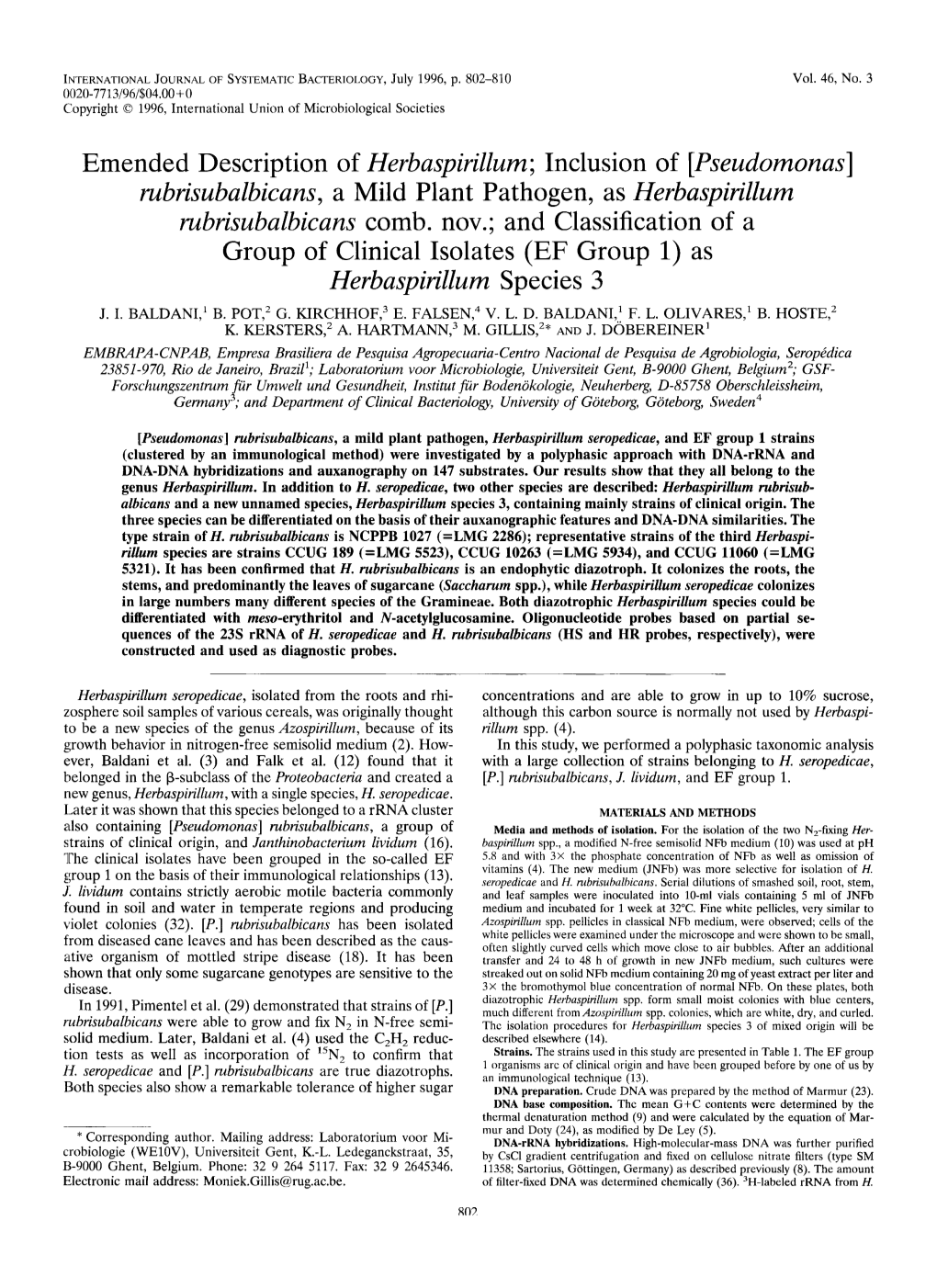 Rubrisubalbicans, a Mild Plant Pathogen, As Herbaspirillum Rubrisubalbicans Comb