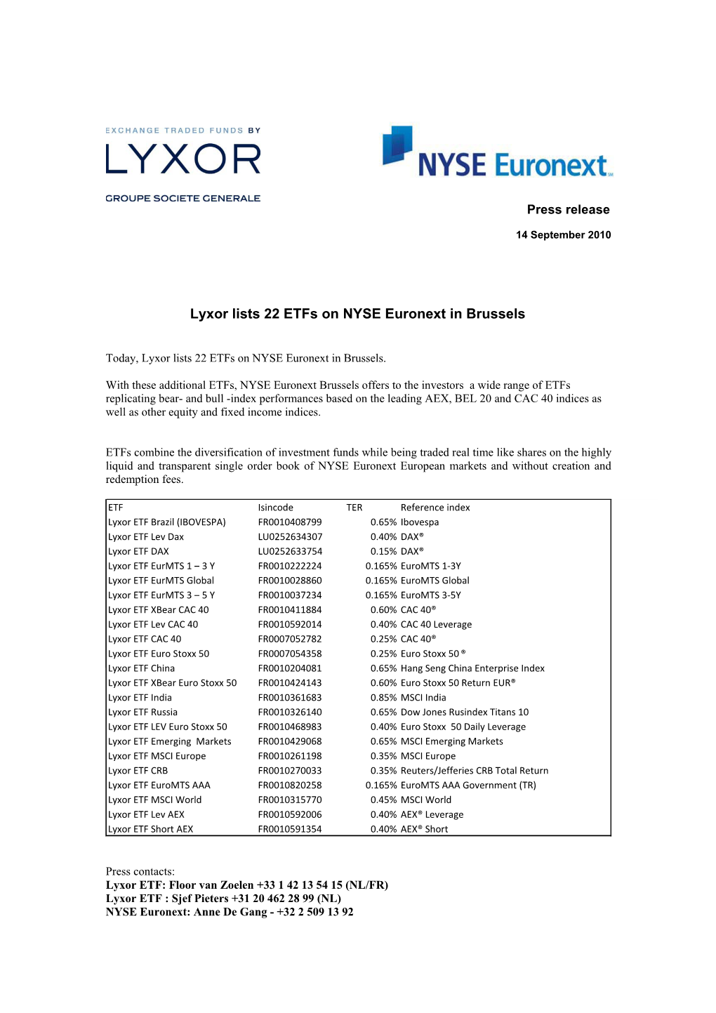 Lyxor Lists 22 Etfs on NYSE Euronext in Brussels
