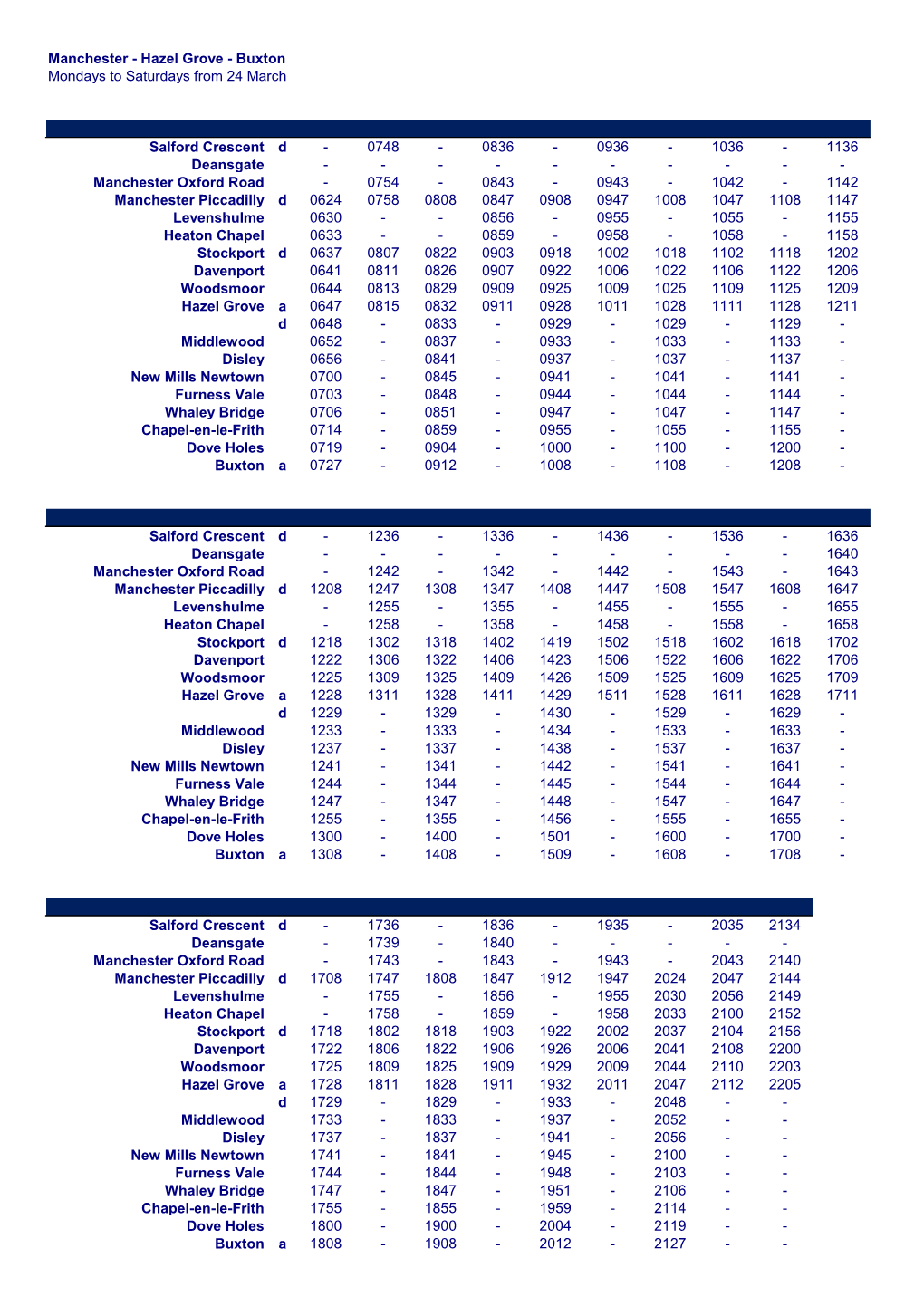 Manchester - Hazel Grove - Buxton Mondays to Saturdays from 24 March