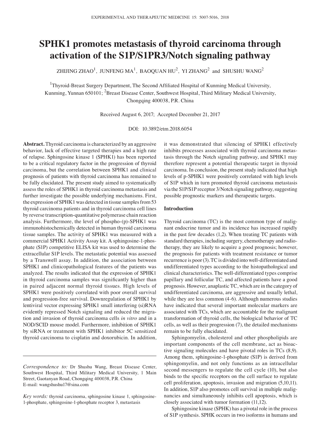 SPHK1 Promotes Metastasis of Thyroid Carcinoma Through Activation of the S1P/S1PR3/Notch Signaling Pathway