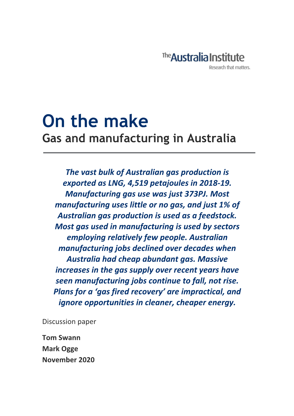 On the Make: Gas and Manufacturing in Australia