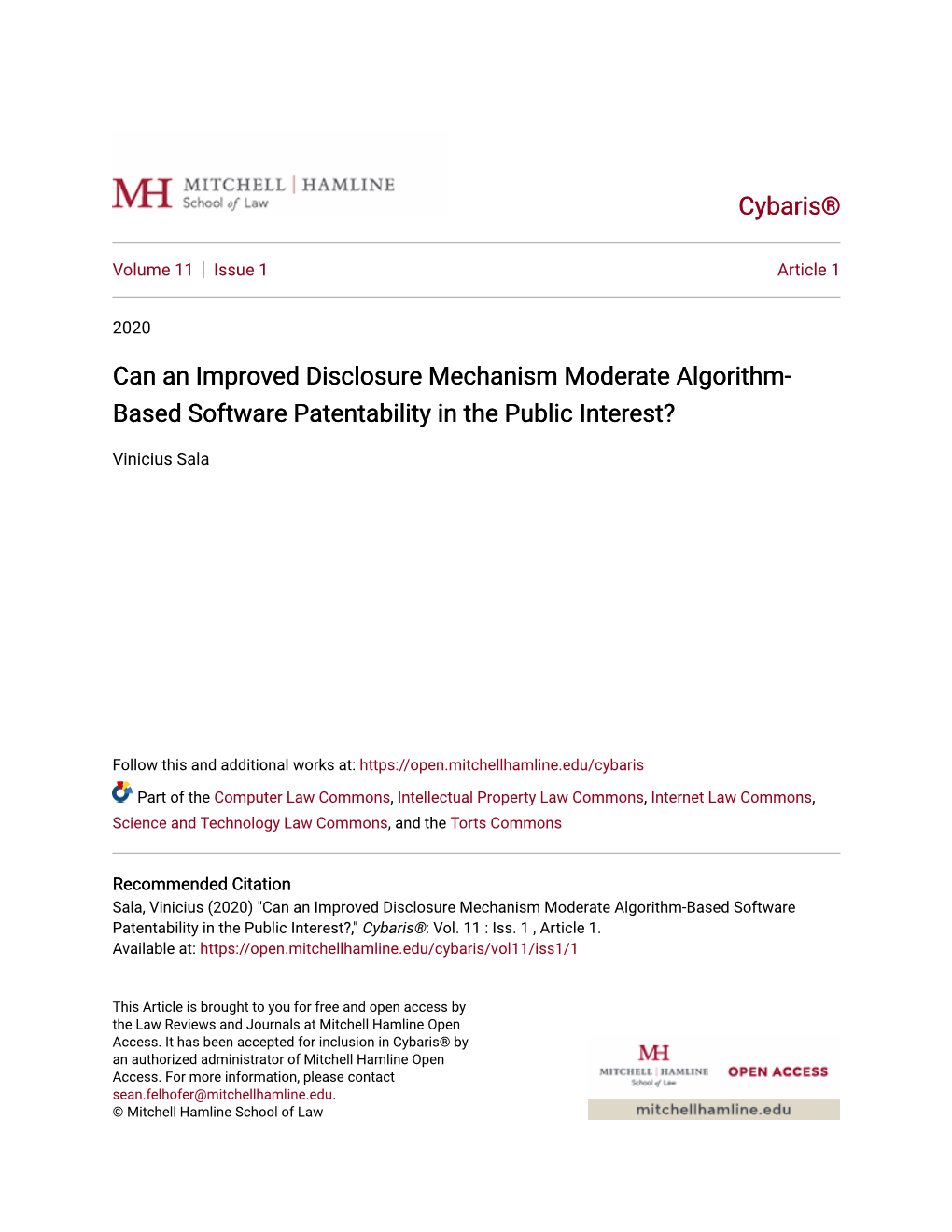 Can an Improved Disclosure Mechanism Moderate Algorithm-Based Software Patentability in the Public Interest?," Cybaris®: Vol