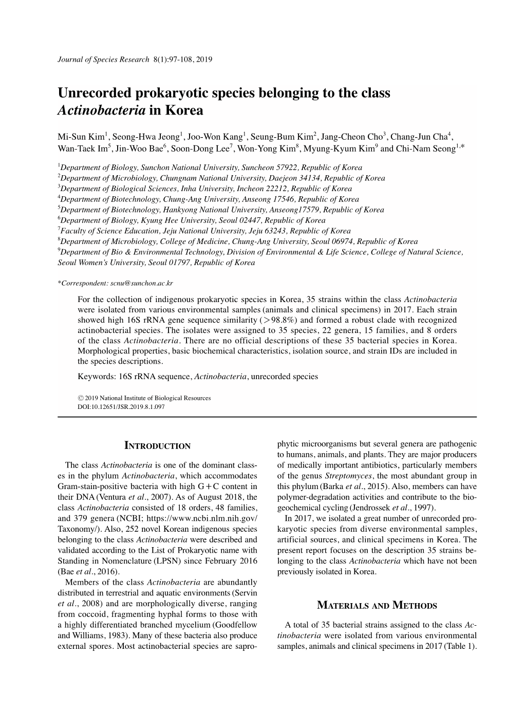 Unrecorded Prokaryotic Species Belonging to the Class Actinobacteria in Korea