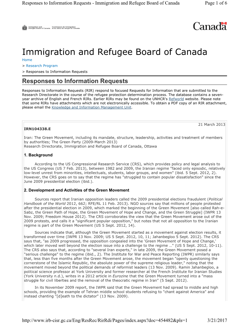 Immigration and Refugee Board of Canada Page 1 of 6