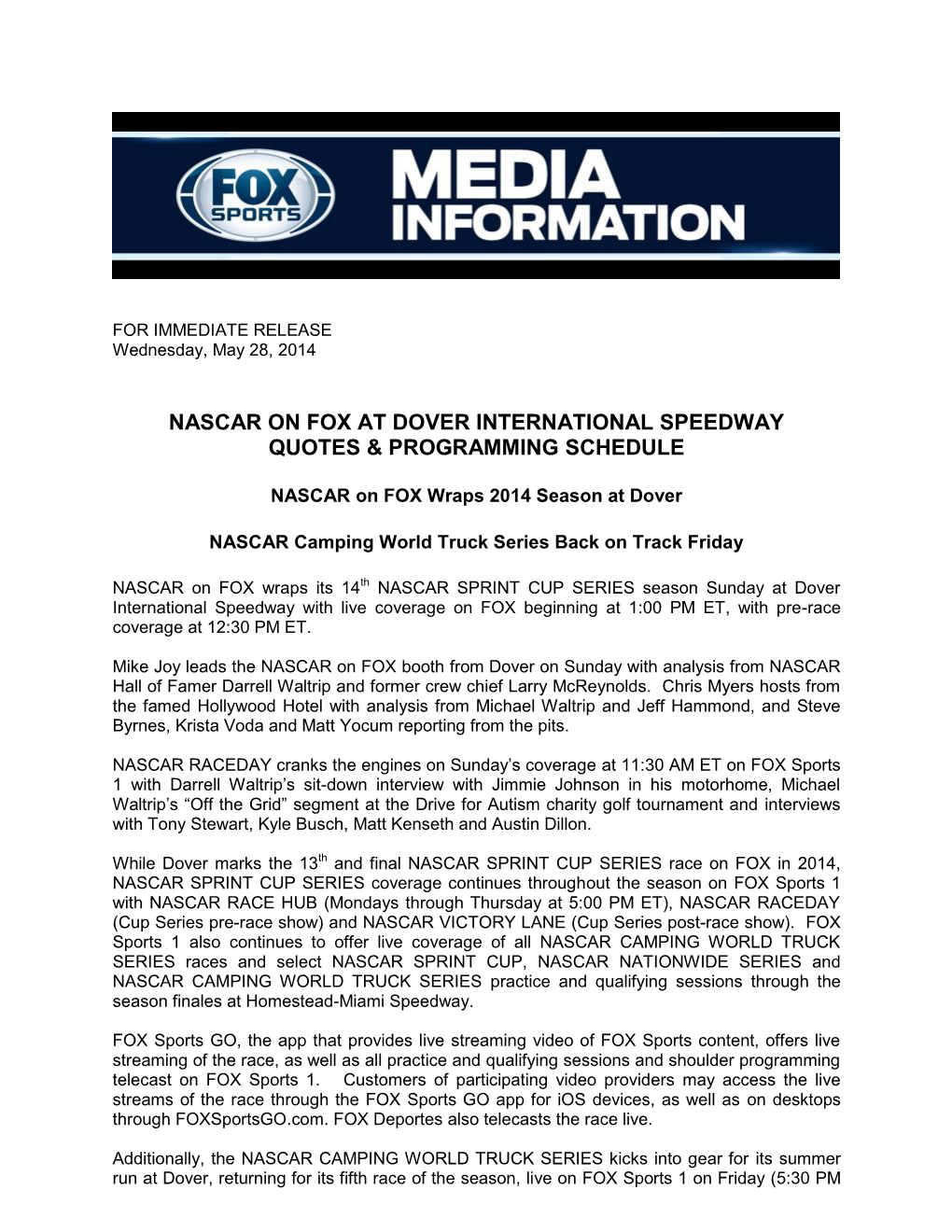 Nascar on Fox at Dover International Speedway Quotes & Programming Schedule