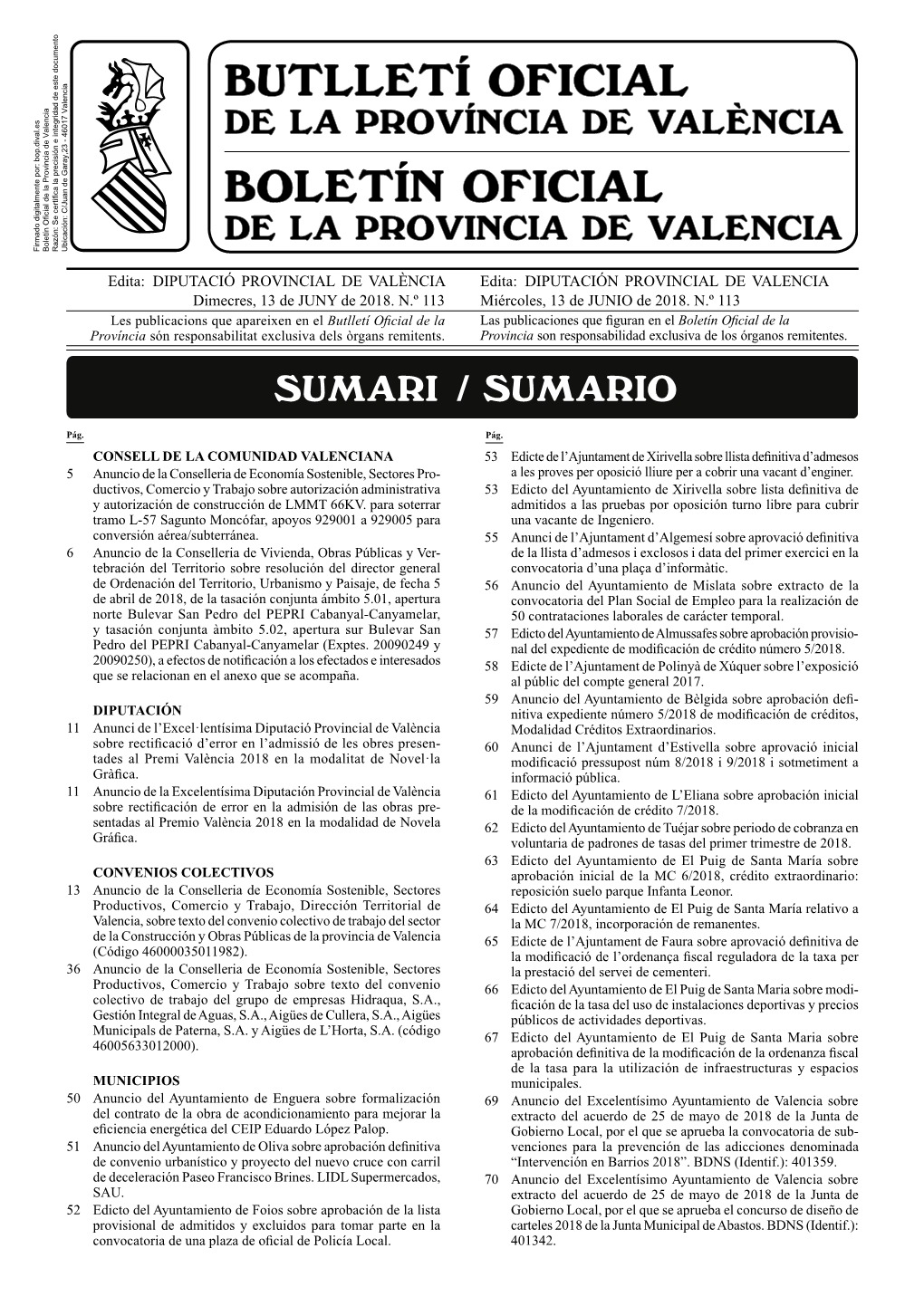 DIPUTACIÓ PROVINCIAL DE VALÈNCIA Edita: DIPUTACIÓN PROVINCIAL DE VALENCIA Dimecres, 13 De JUNY De 2018