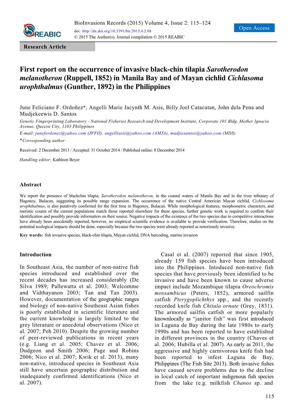 First Report on the Occurrence of Invasive Black-Chin Tilapia Sarotherodon Melanotheron