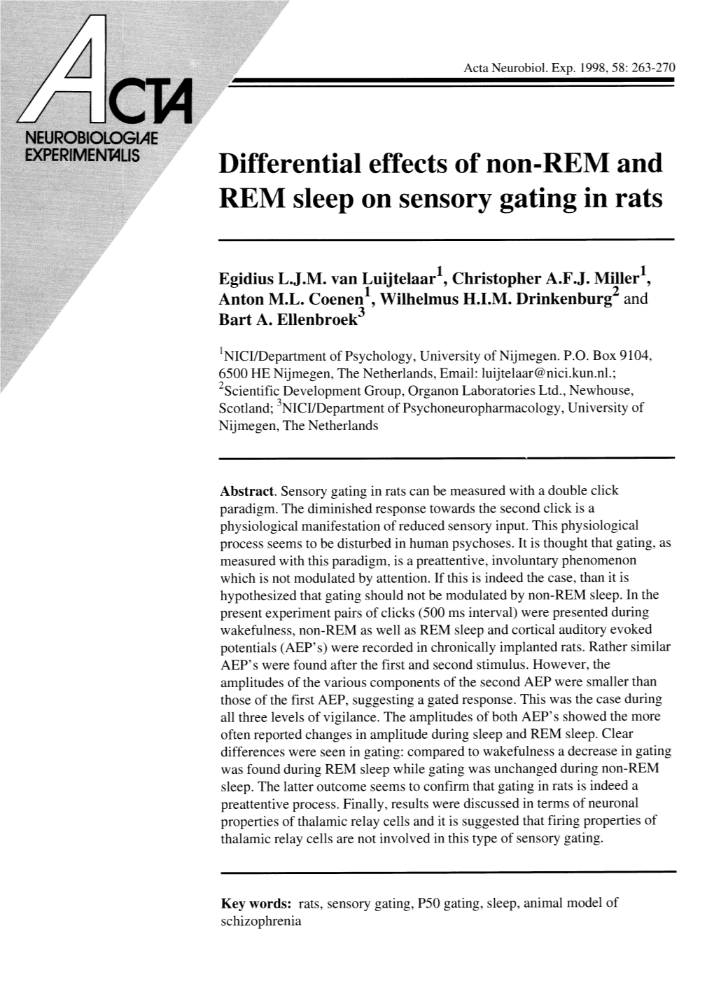 Differential Effects of Non-REM and REM Sleep on Sensory Gating in Rats