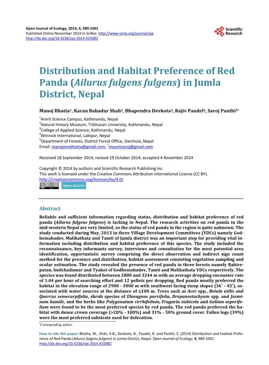 Distribution and Habitat Preference of Red Panda (Ailurus Fulgens Fulgens) in Jumla District, Nepal