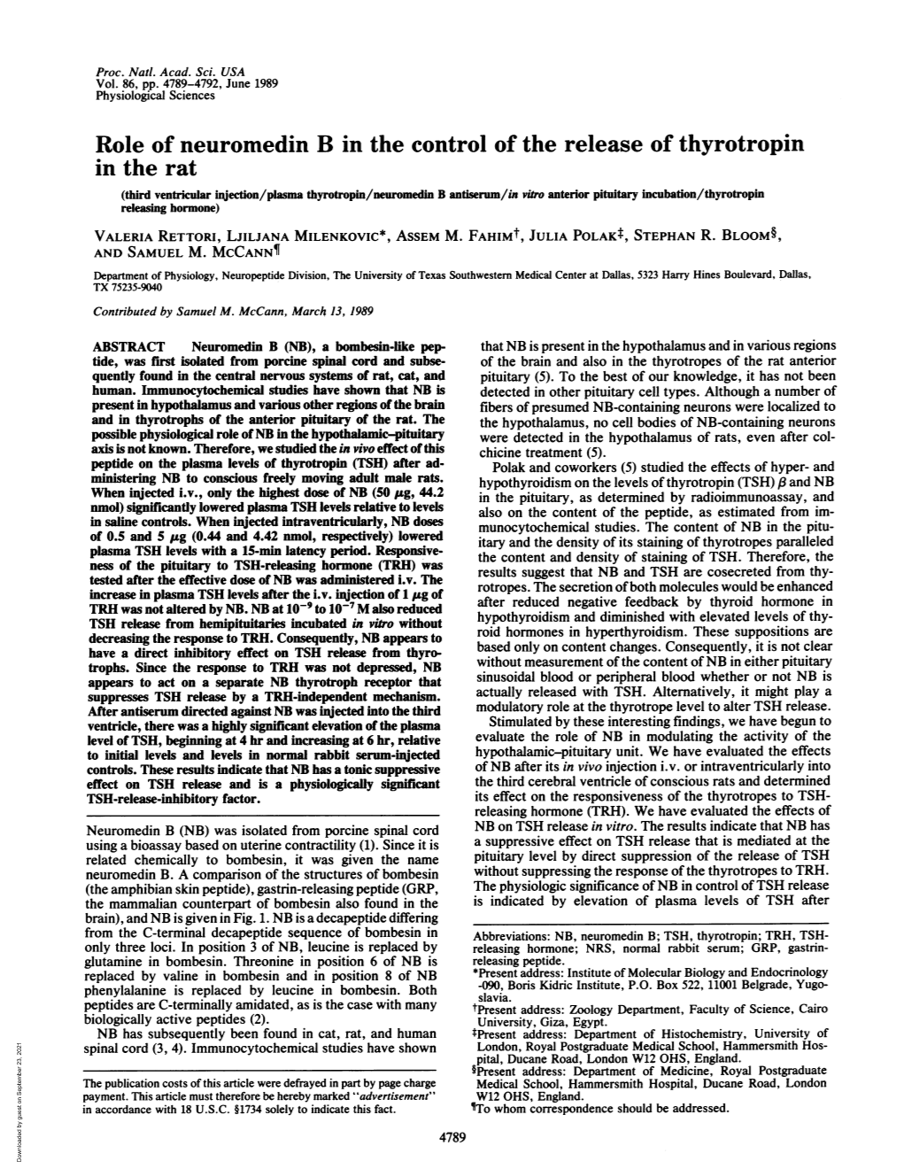 Role of Neuromedin B in the Control of the Release of Thyrotropin