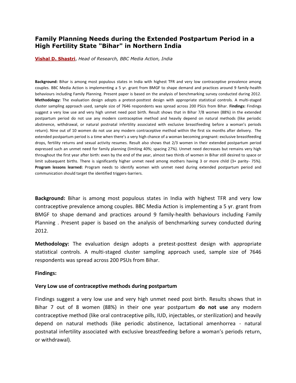 Family Planning Needs During the Extended Postpartum Period in a High Fertility State "Bihar" in Northern India