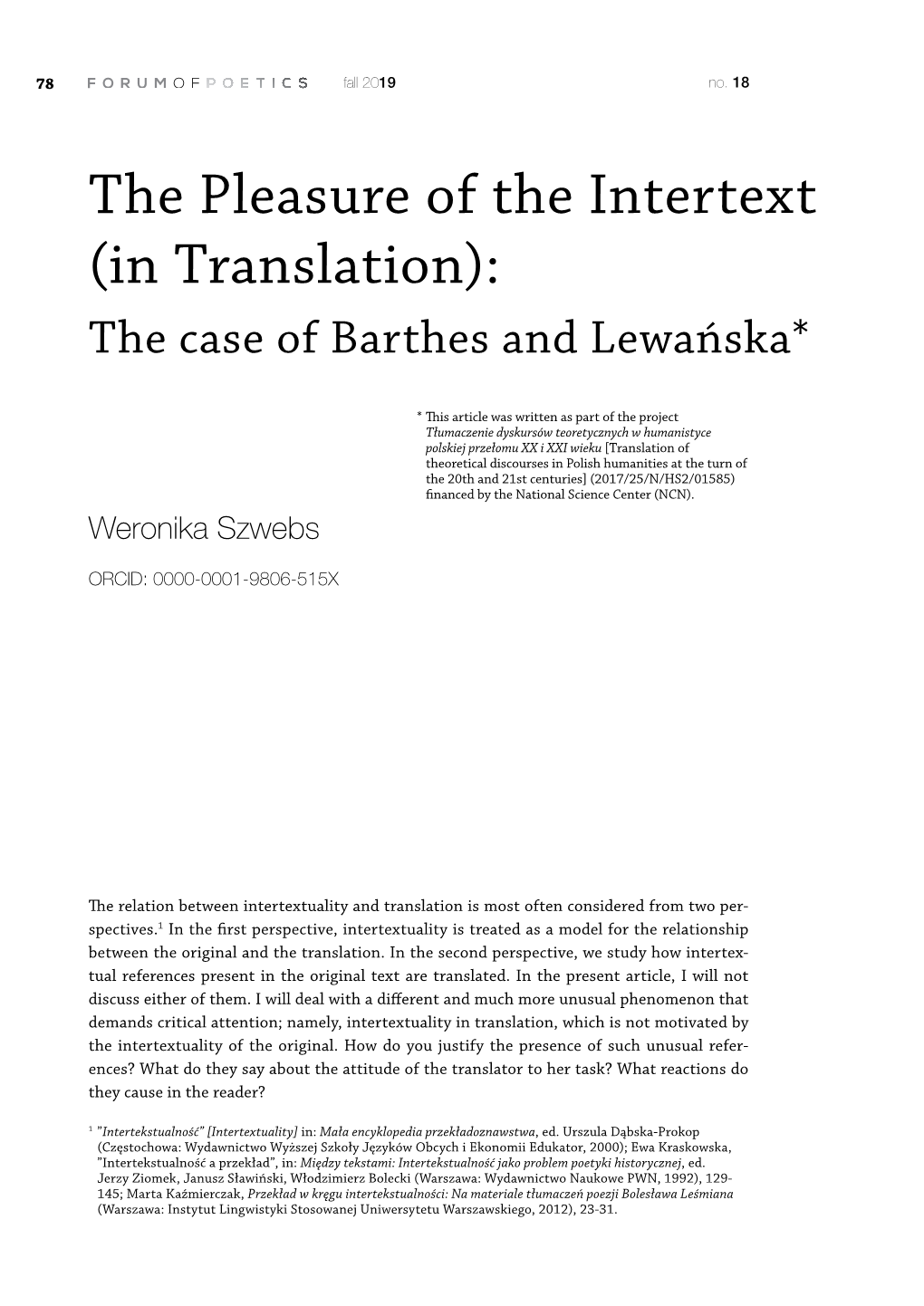 The Pleasure of the Intertext (In Translation): the Case of Barthes and Lewańska*