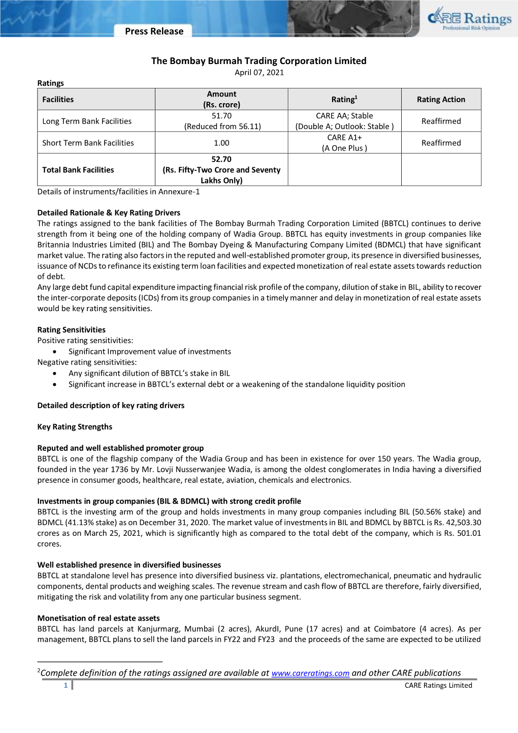 Press Release the Bombay Burmah Trading Corporation Limited