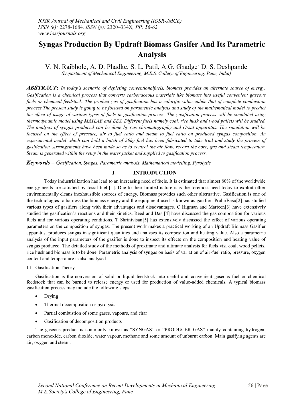 Syngas Production by Updraft Biomass Gasifer and Its Parametric Analysis V