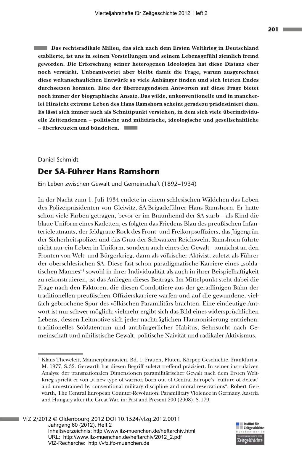 Der SA-Führer Hans Ramshorn Ein Leben Zwischen Gewalt Und Gemeinschaft (1892–1934)