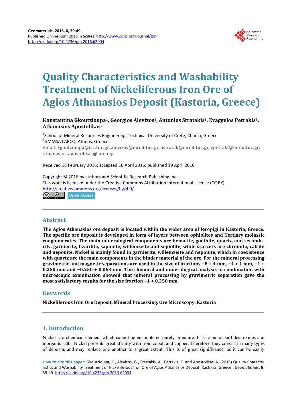 Quality Characteristics and Washability Treatment of Nickeliferous Iron Ore of Agios Athanasios Deposit (Kastoria, Greece)