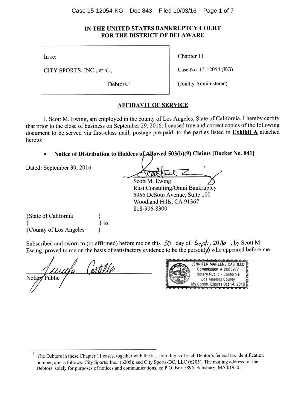 Case 15-12054-KG Doc 843 Filed 10/03/16 Page 1 of 7 Case 15-12054-KG Doc 843 Filed 10/03/16 Page 2 of 7