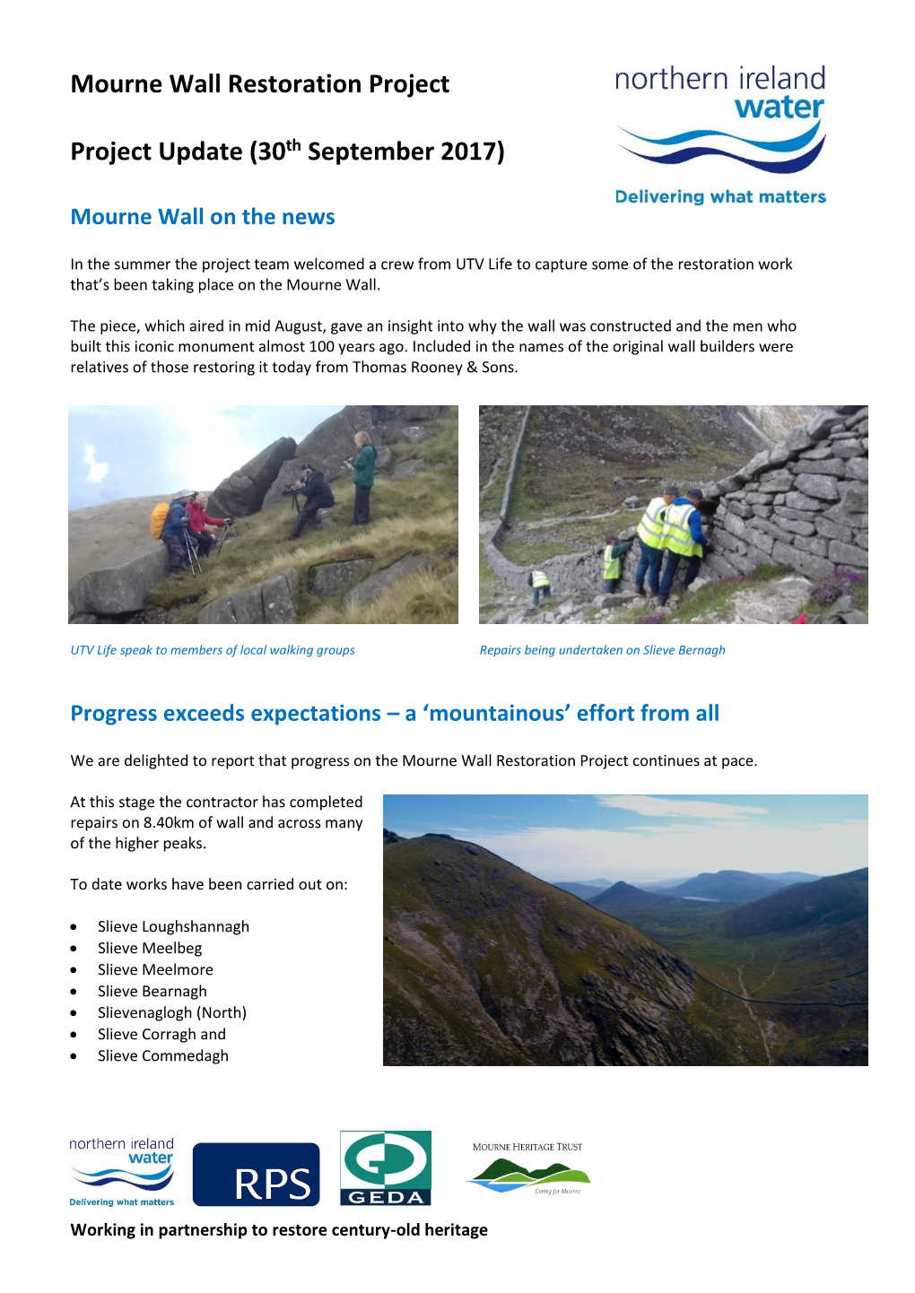 Mourne Wall Restoration Project Project Update (30Th September