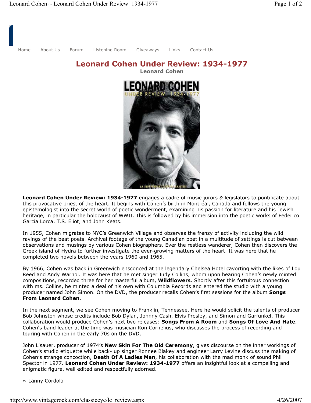 Leonard Cohen Under Review: 1934-1977 Page 1 of 2
