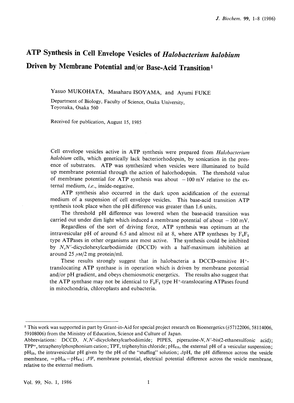 ATP Synthesis in Cell Envelope Vesicles of Halobacterium Halobium Driven by Membrane Potential And/Or Base-Acid Transition1