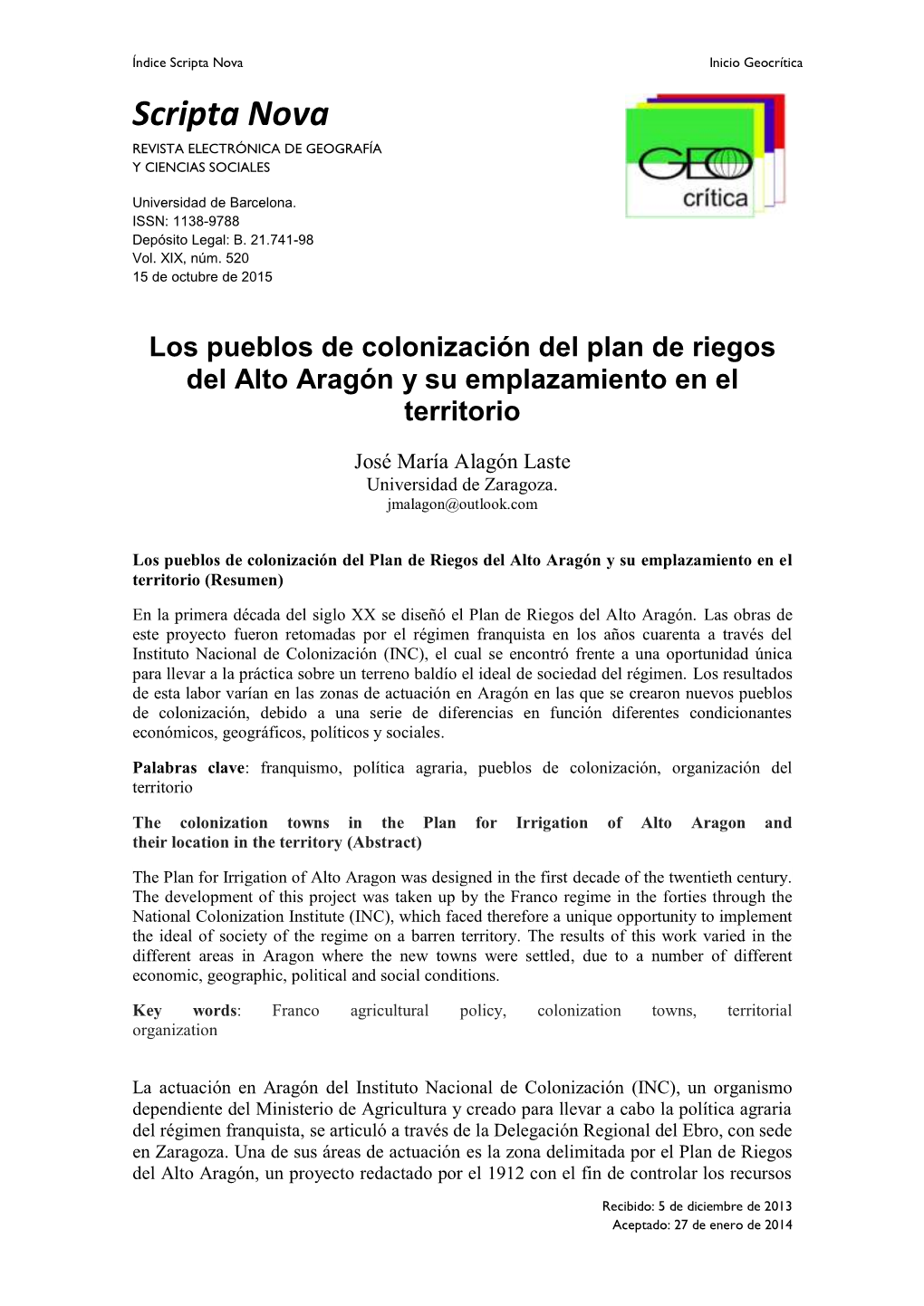 Los Pueblos De Colonización Del Plan De Riegos Del Alto Aragón Y Su Emplazamiento En El Territorio