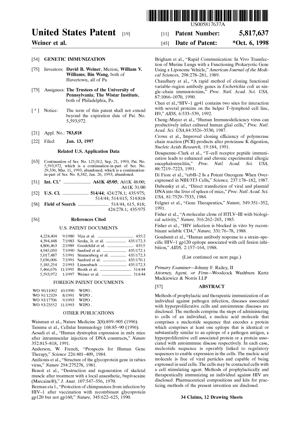 United States Patent (19) 11 Patent Number: 5,817,637 Weiner Et Al