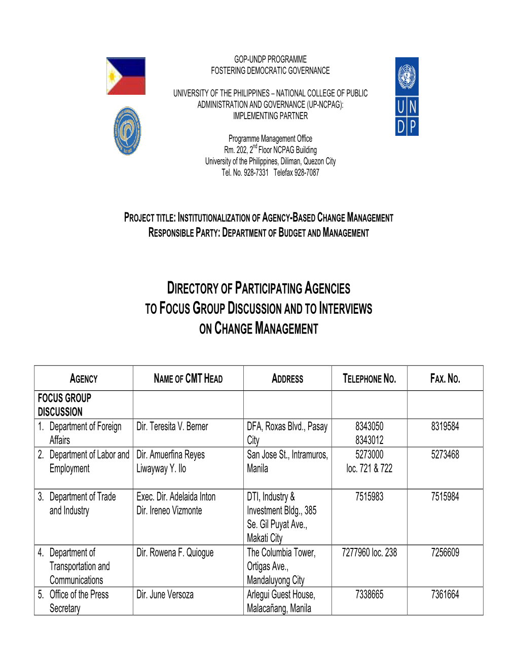 Directory of Participating Agencies to Focus Group Discussion and to Interviews on Change Management