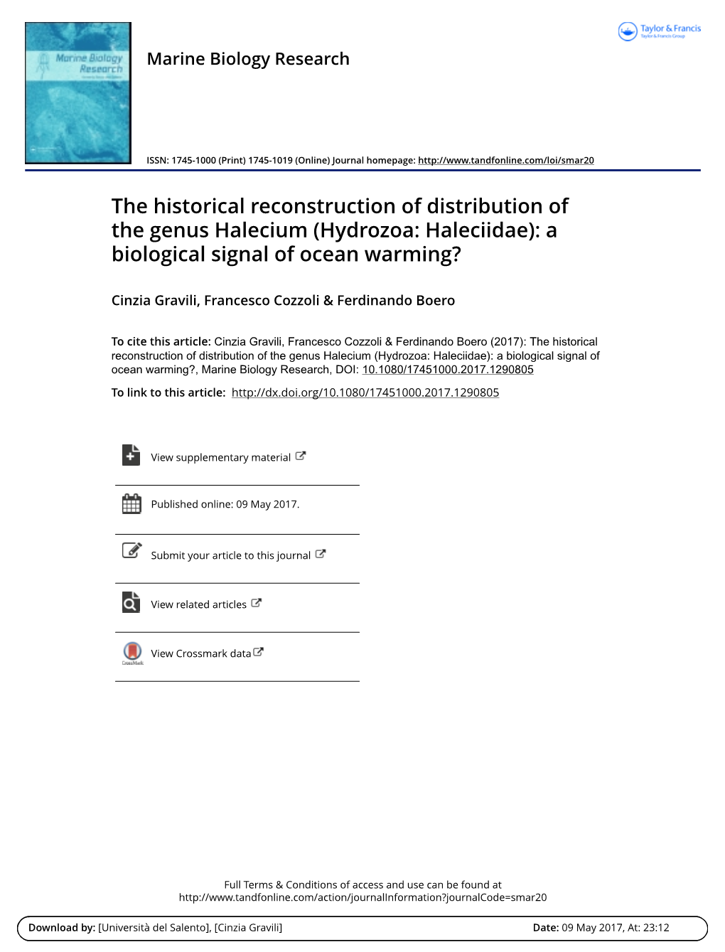 Hydrozoa: Haleciidae): a Biological Signal of Ocean Warming?