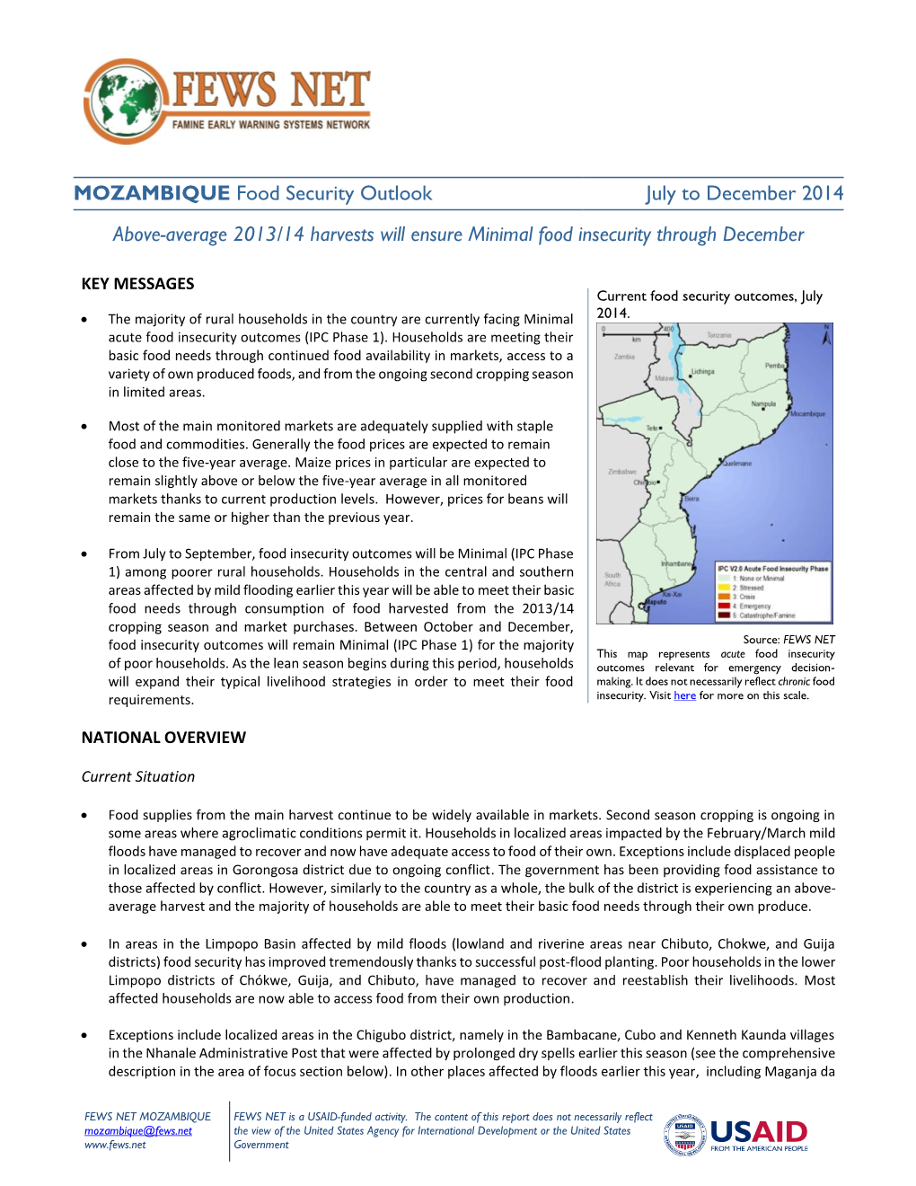 Mozambique Food Security Outlook, July to December 2014