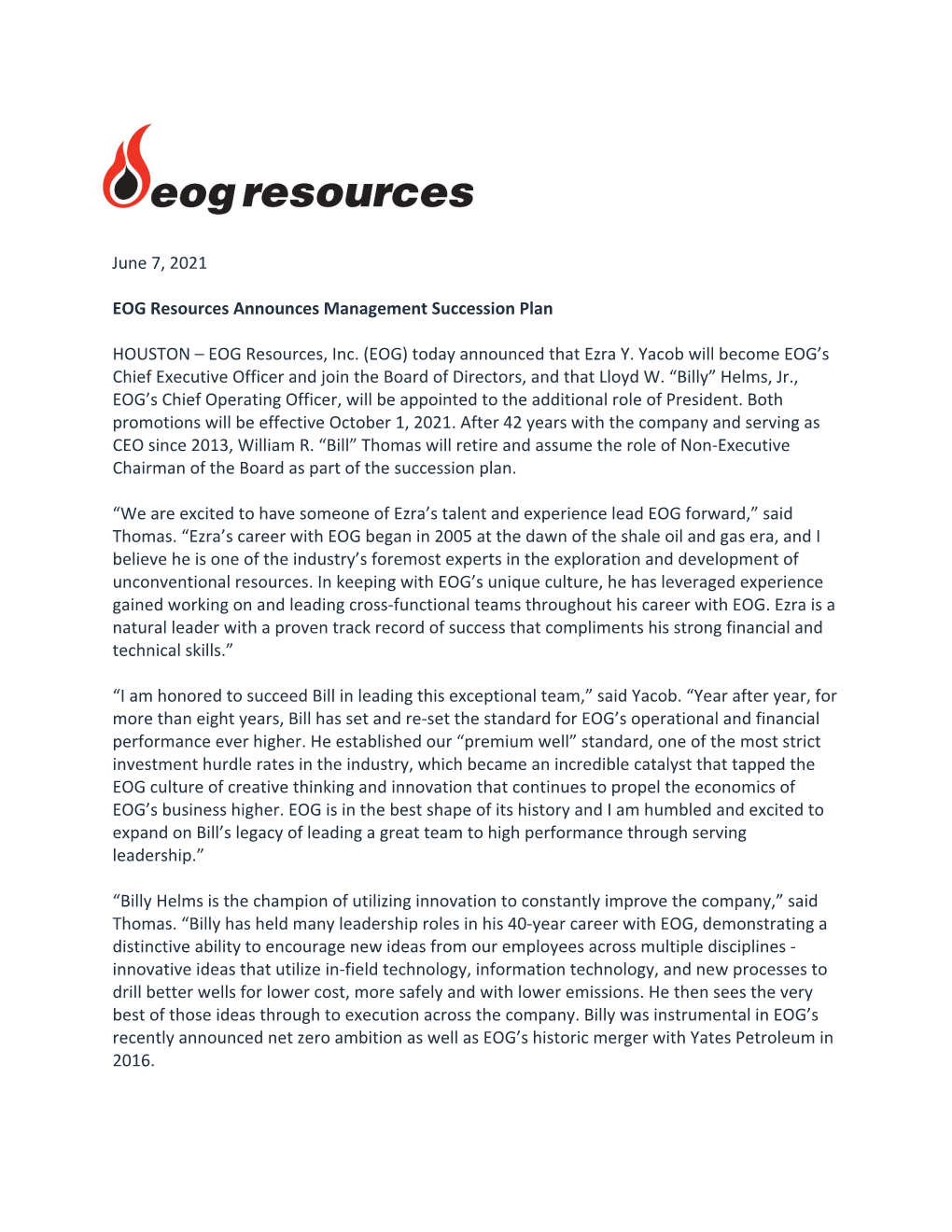 June 7, 2021 EOG Resources Announces Management