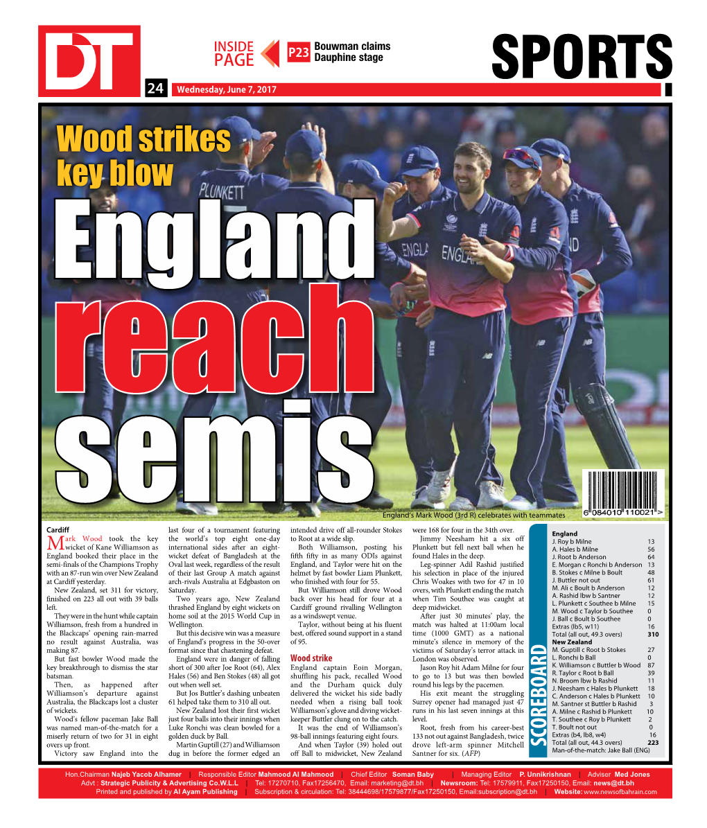 SPORTS 2424 Wednesday, June 7, 2017 Wood Strikes Key Blow England Reach