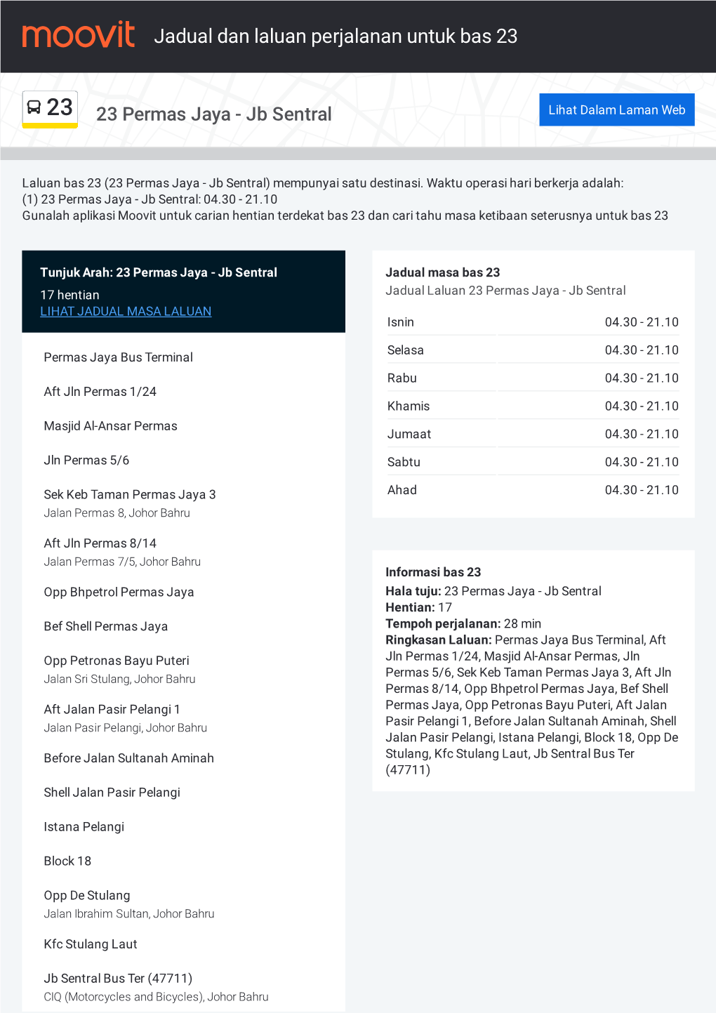 Jadual Perjalanan Dan Peta Laluan Untuk Bas 23