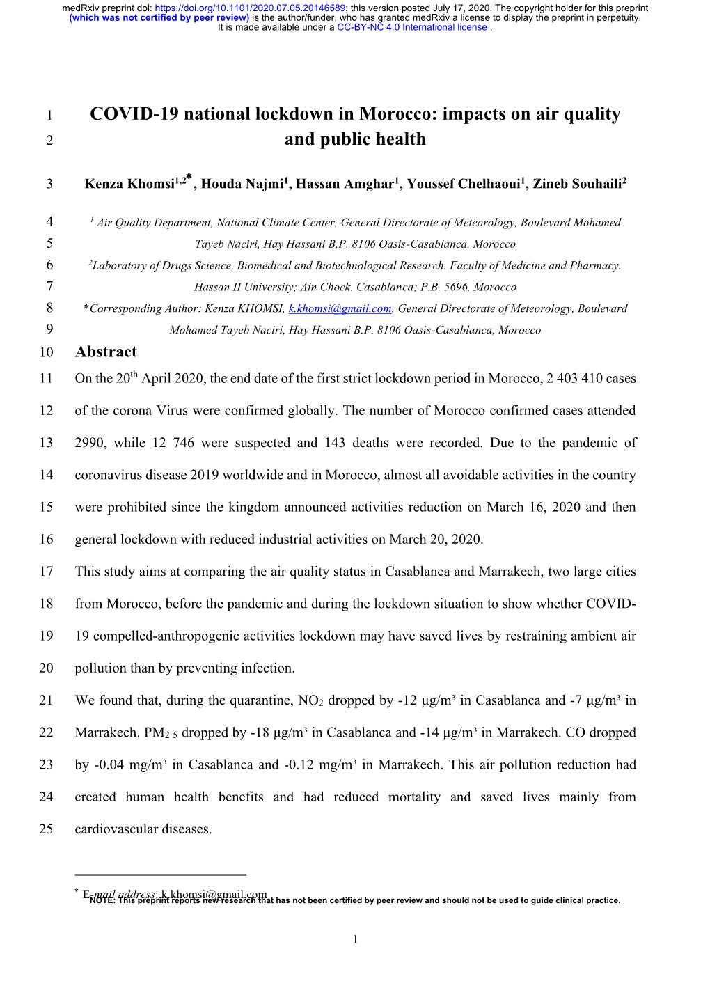 COVID-19 National Lockdown in Morocco: Impacts on Air Quality 2 and Public Health