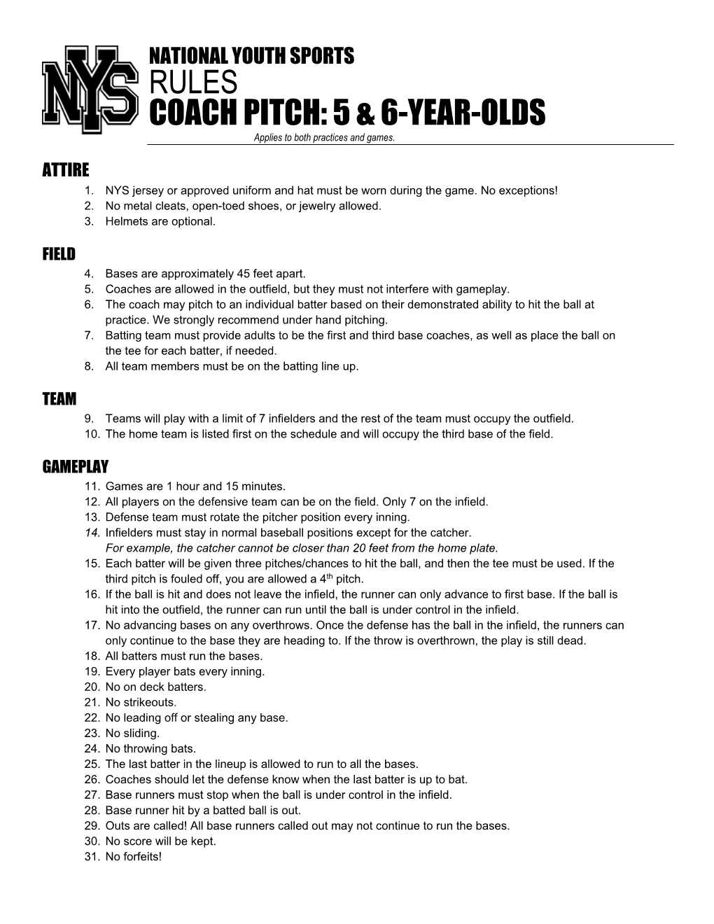 RULES COACH PITCH: 5 & 6-YEAR-OLDS Applies to Both Practices and Games