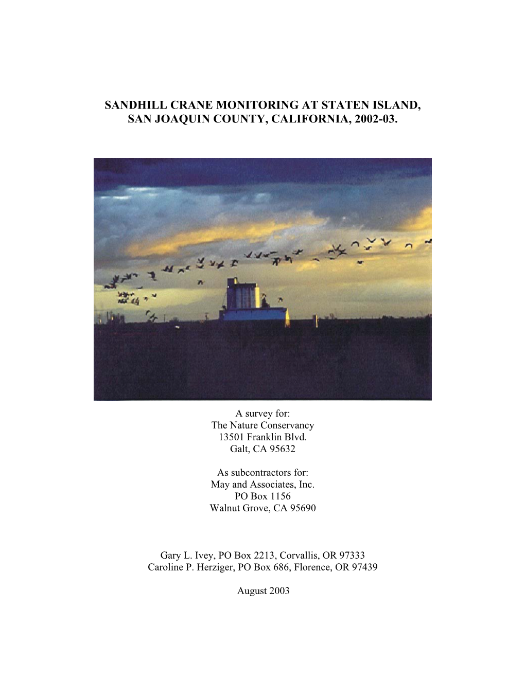 Sandhill Crane Monitoring at Staten Island, San Joaquin County, California, 2002-03