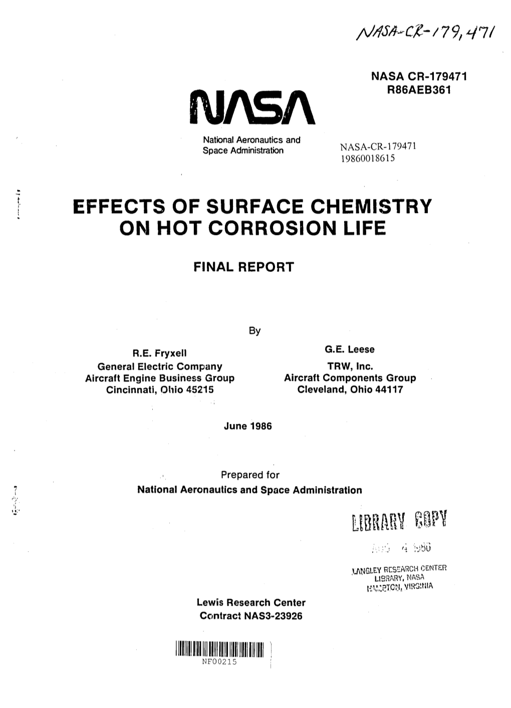 NI\S/\ R86AEB361 National Aeronautics and Space Administration NASA-CR-179471 19860018615