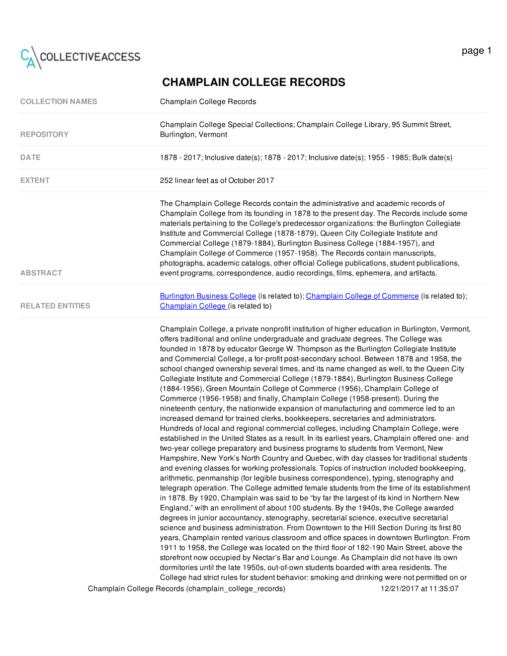 Summary for Champlain College Records